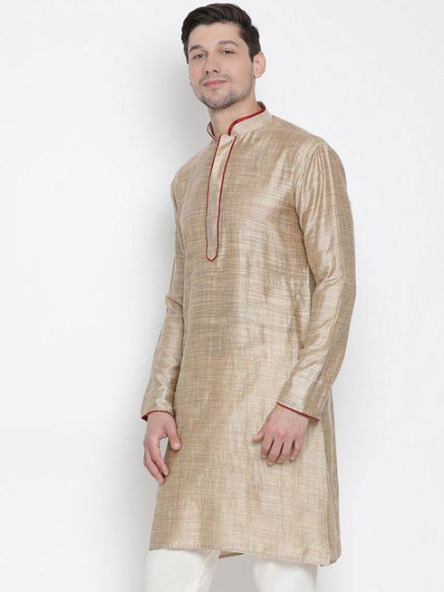 Vastramay Men's Beige Cotton Silk Blend Kurta